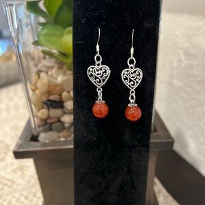 NWOT - Elegant Silver Heart Drop Earrings with Red Accents